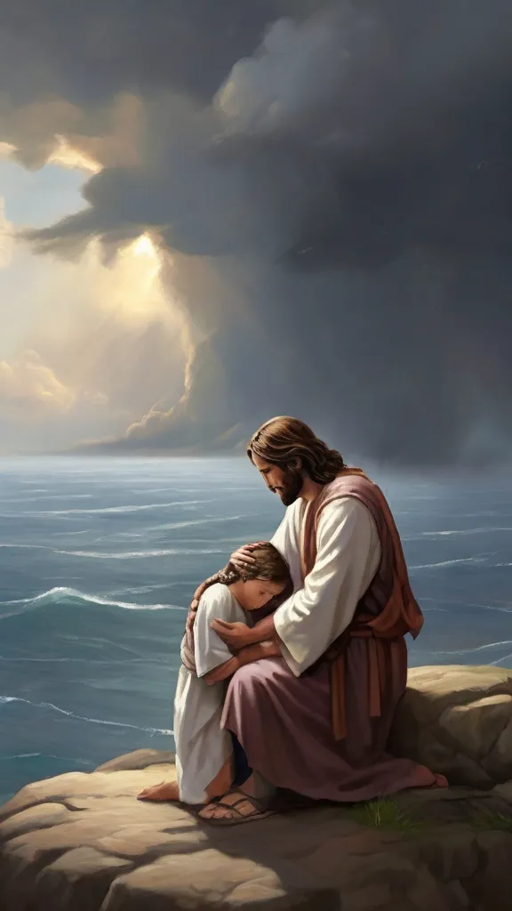 a painting of jesus holding a child on a rock