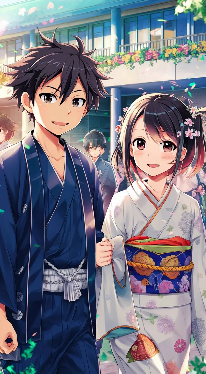 a man and a woman in kimonos standing next to each other