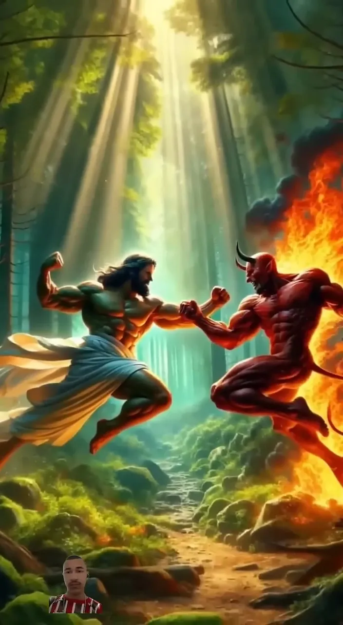 a painting of two people fighting in the woods