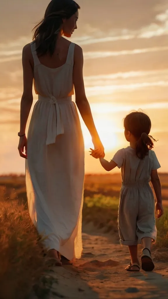 mother and girl walk off into the sunset