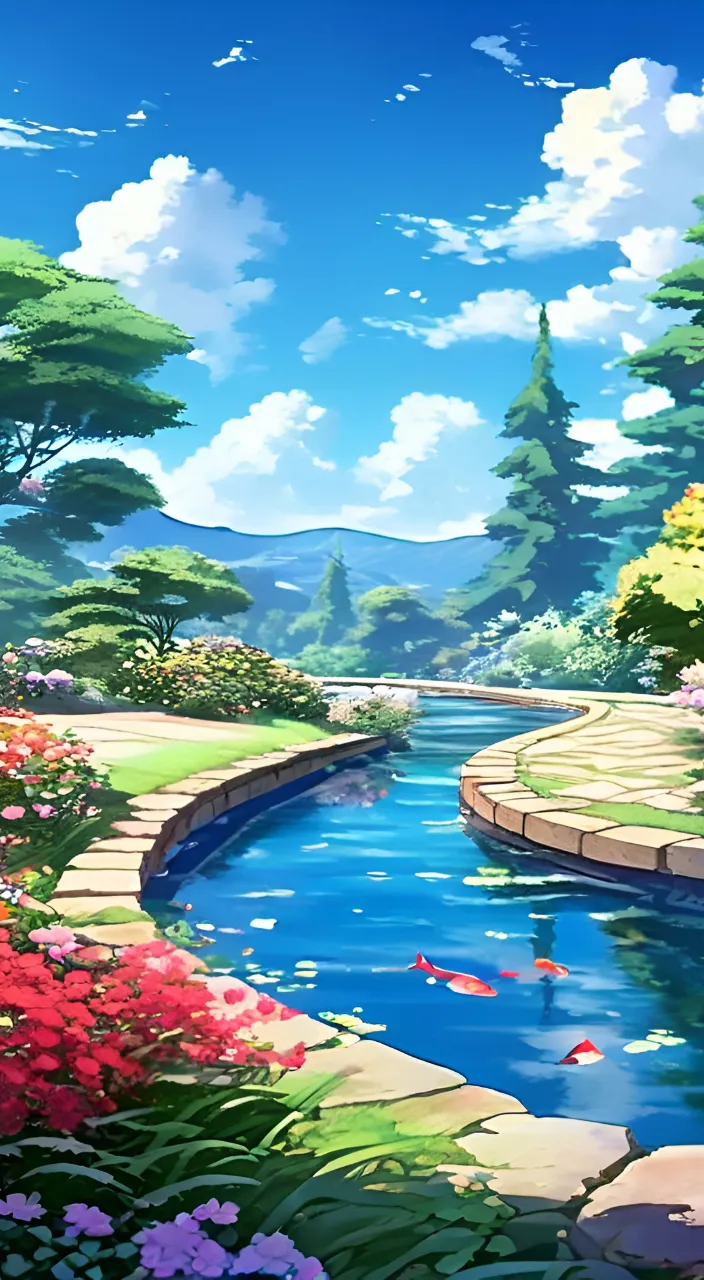 a painting of a river surrounded by trees and flowers, butterflies are flying everywhere