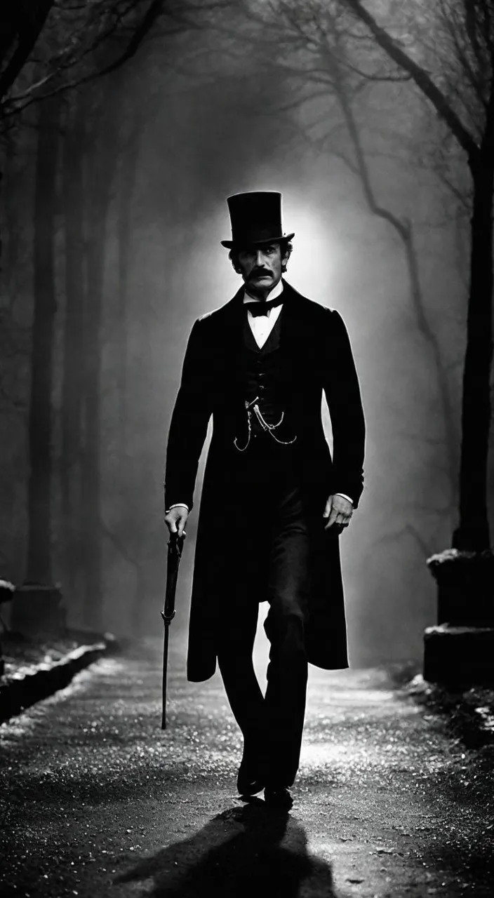 a man in a long coat and top hat holding a cane