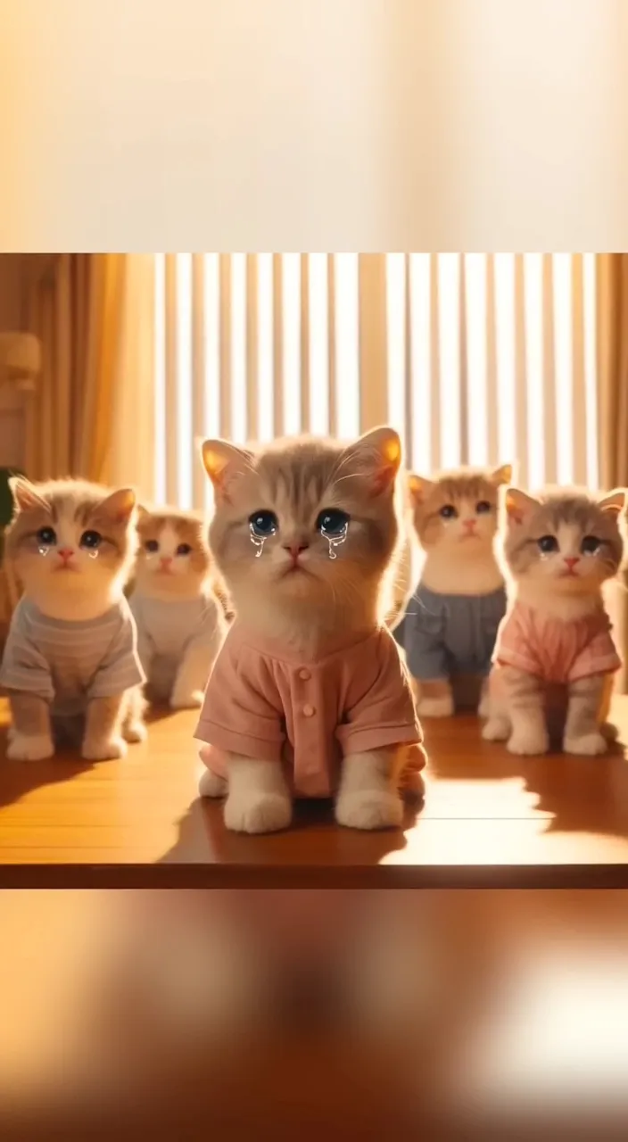 a group of cats sitting on top of a wooden table