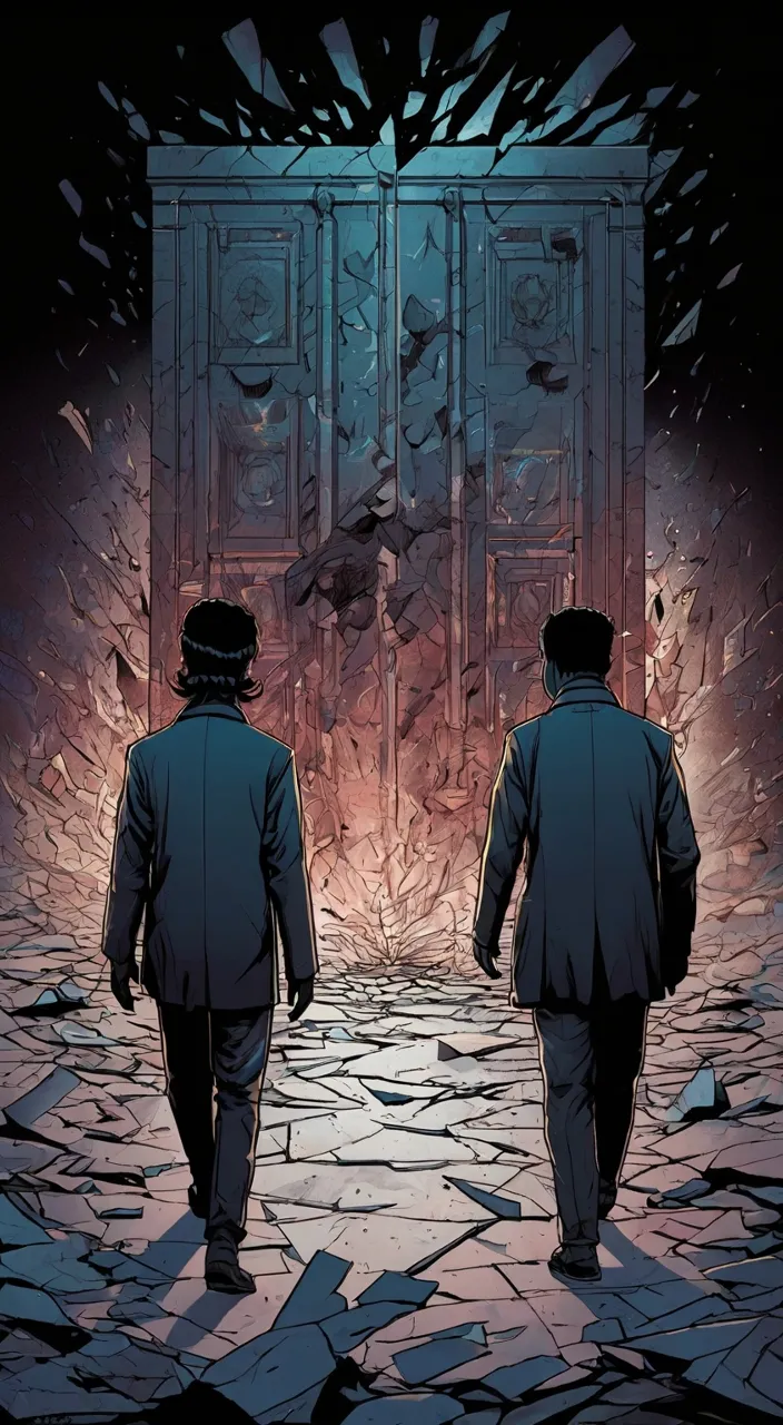 a couple of men walking through a doorway