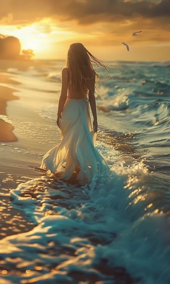 a woman in a white dress walking on the beach