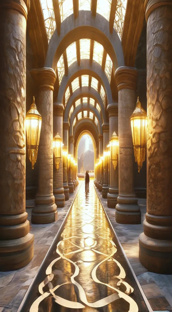 a person walking down a long hallway in a building