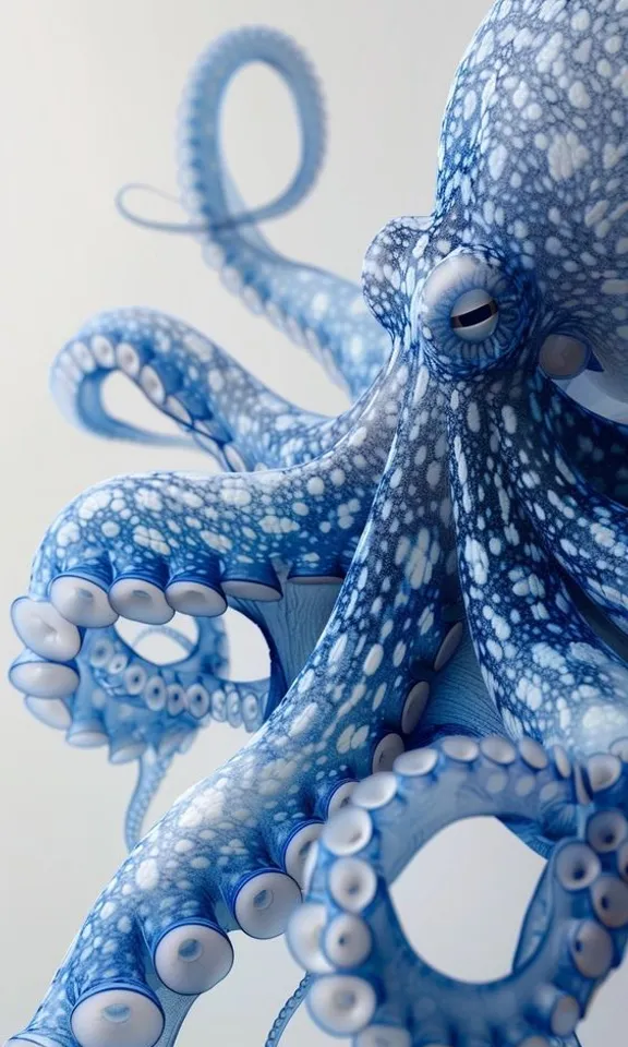 a close up of a blue and white octopus