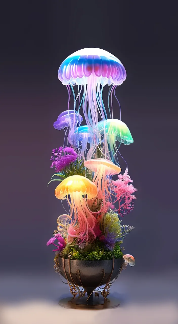 a group of jellyfish floating in a bowl filled with plants