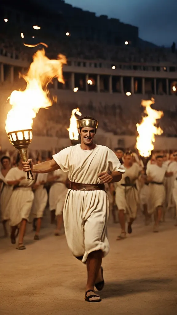 a man in a costume holding torches in front of a crowd of people