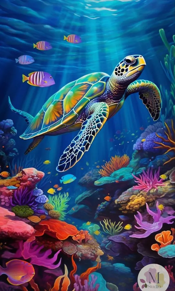 a painting of a turtle swimming in the ocean