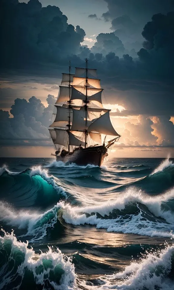 a painting of a sailing ship in the ocean