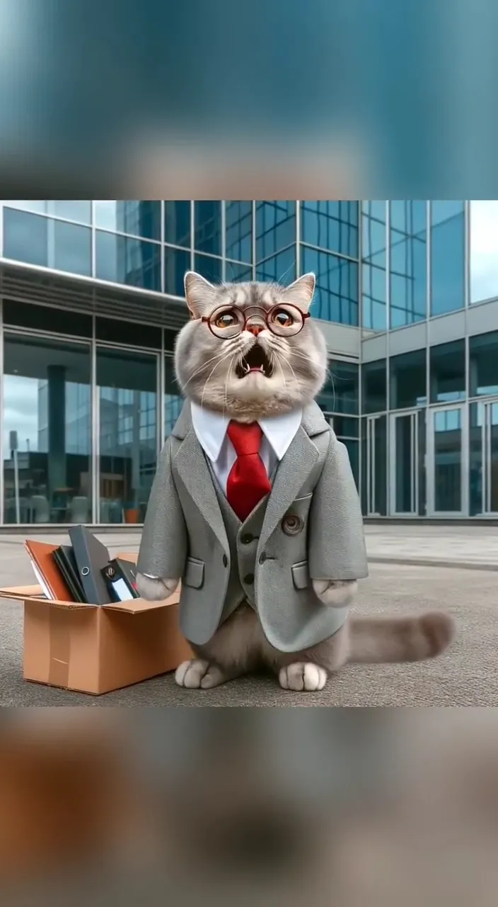 a cat in a suit and tie sitting next to a box