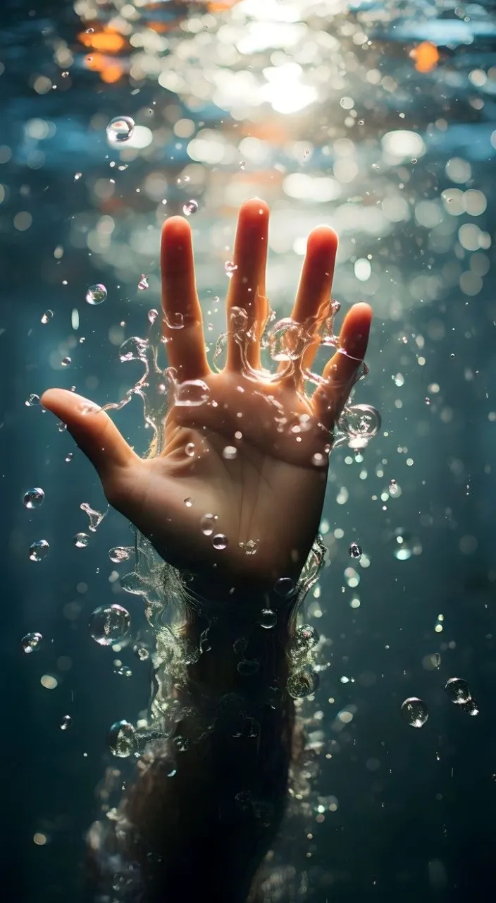 a person's hand under water with bubbles