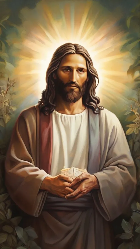 a painting of jesus holding his hands together