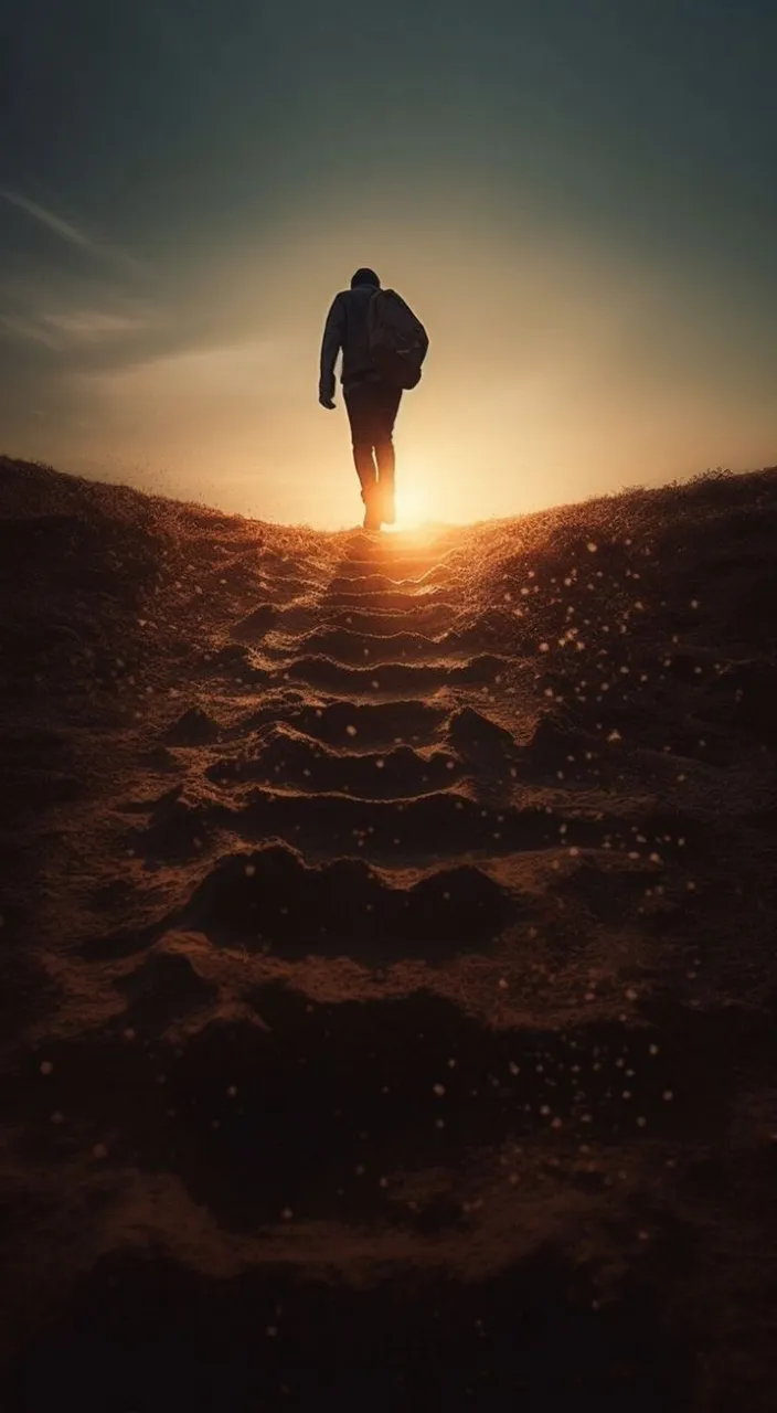 a man walking up a hill towards the sun