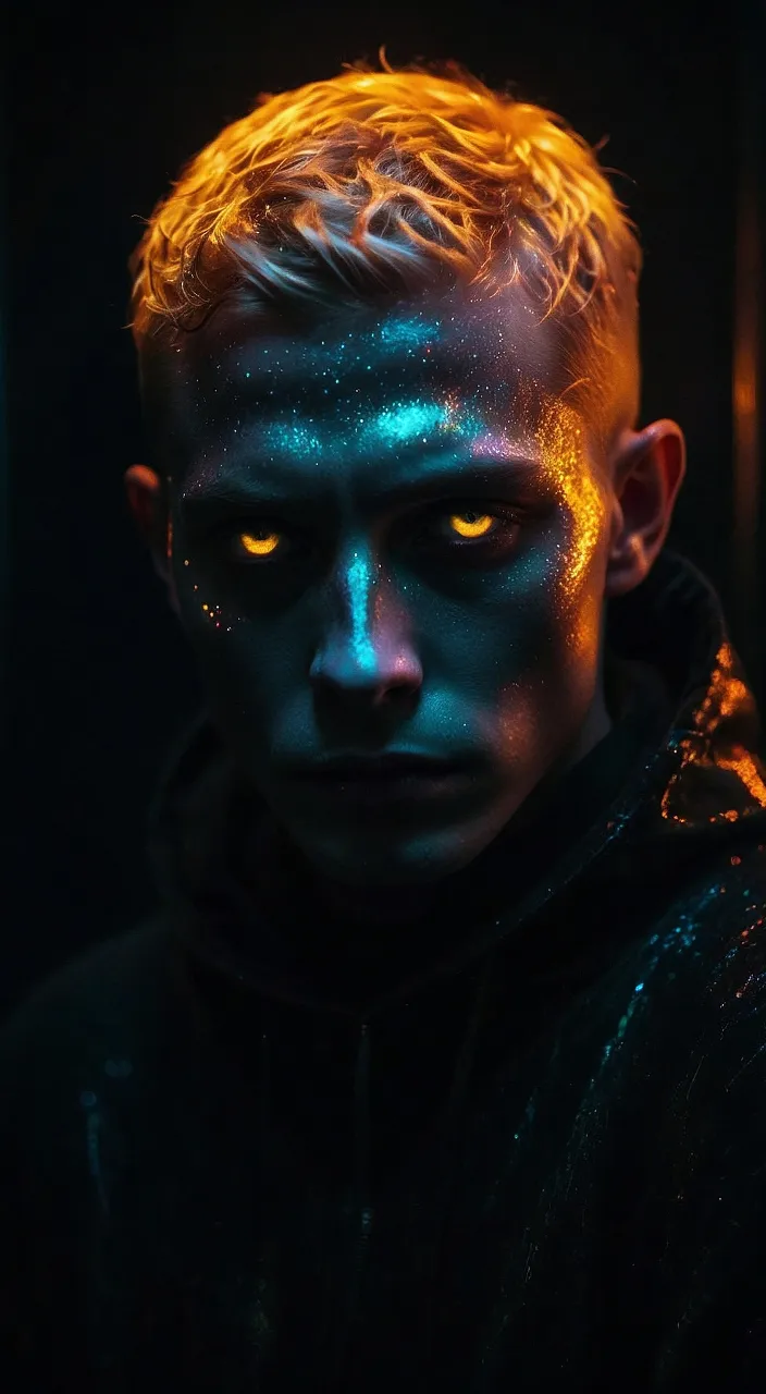 a man with glowing blue and yellow eyes