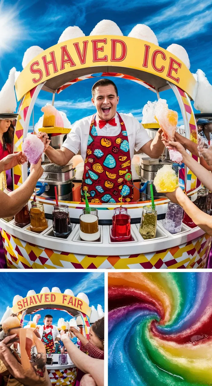 A lively summer fair with colorful stalls, bright banners and clear blue skies.   An energetic salesman with a bright smile and an apron decorated with shaved ice patterns serves Shaved ICE to customers.  In the scene is a shaved ice stand with a variety of syrups and condiments on display.    Action: The scene opens with a wide shot of the fair, focusing on the shaved ice stand.    The camera zooms in on the salesman as he expertly crushes ice into cups and pours bright syrups over them.    Close-ups of the colorful flavors being poured, creating a rainbow swirl.    Customers are joyful