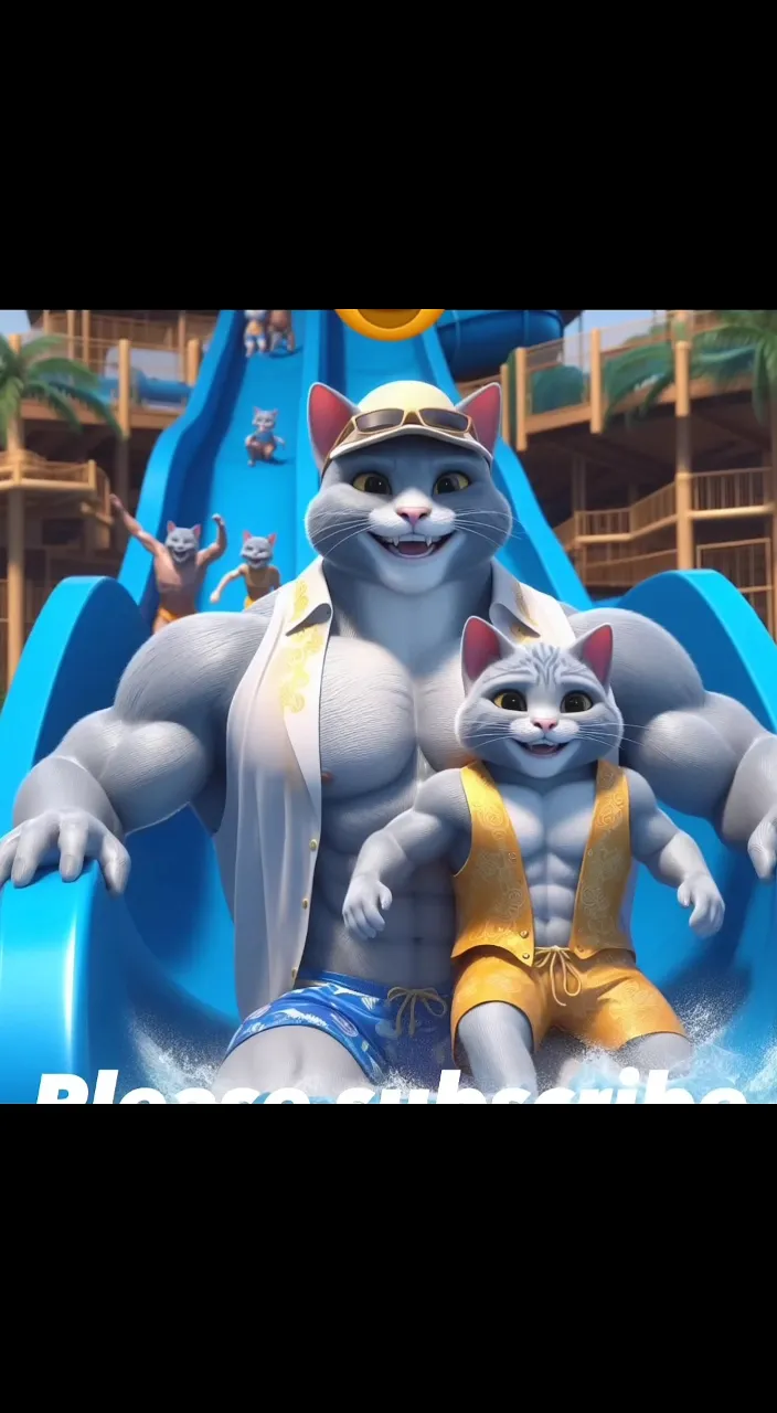 a cat riding on top of a water slide