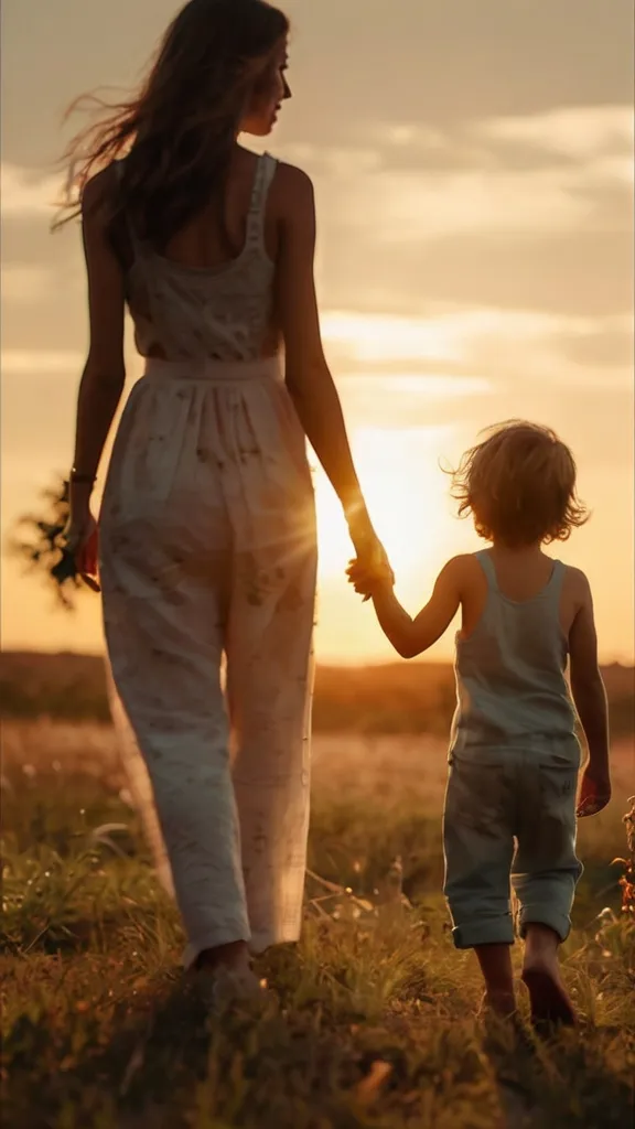 mother and boy walk off into the sunset