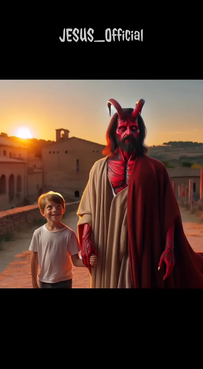 a young boy standing next to a man in a devil costume