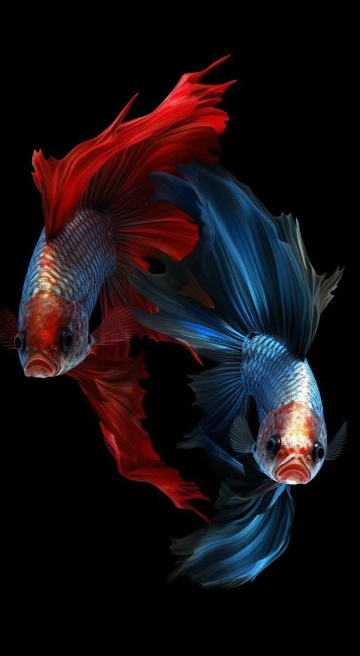 two red and blue fish swimming side by side