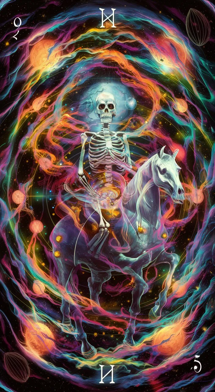 a skeleton riding a horse in a circle