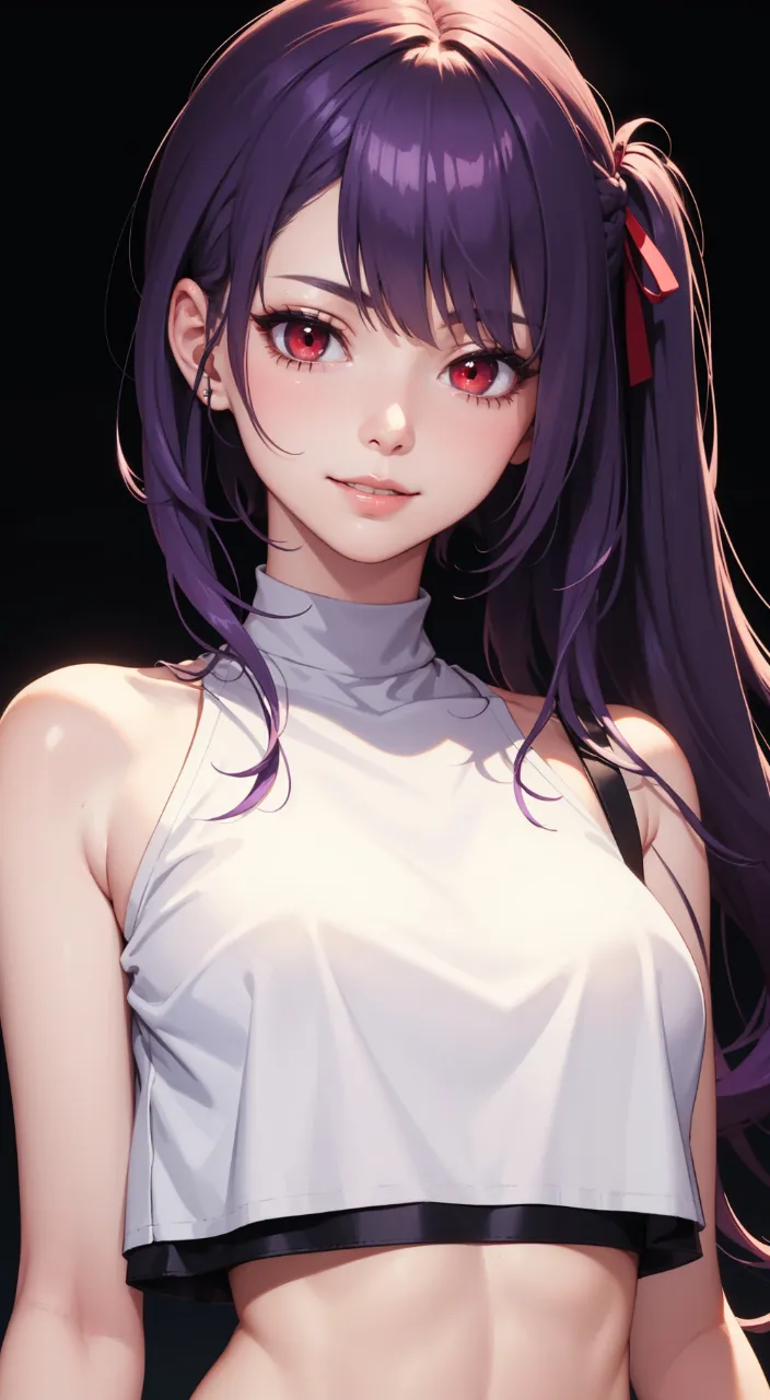 an anime girl with long hair and red eyes