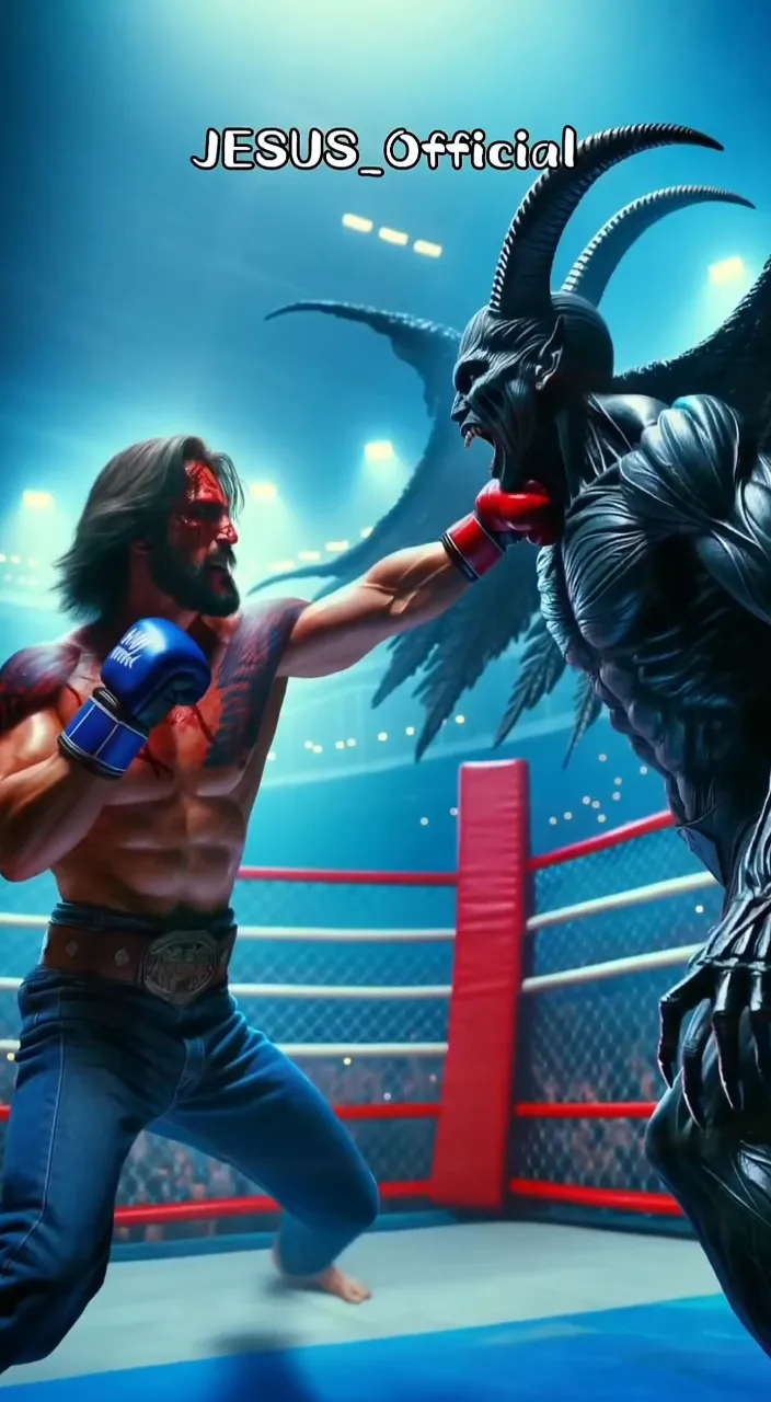 a man in a wrestling ring with a demon