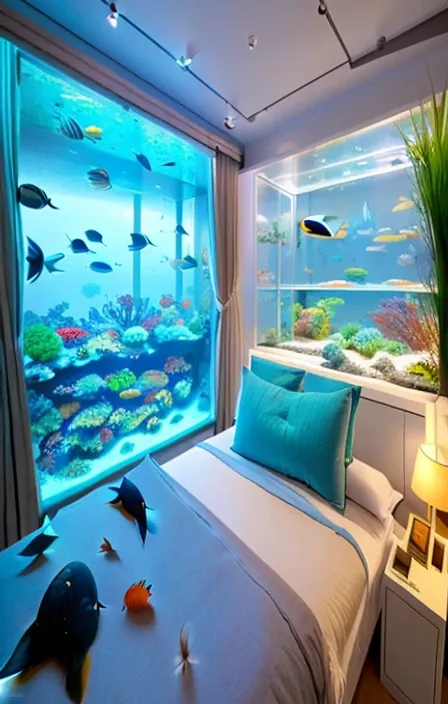 a bedroom with a fish tank in the window