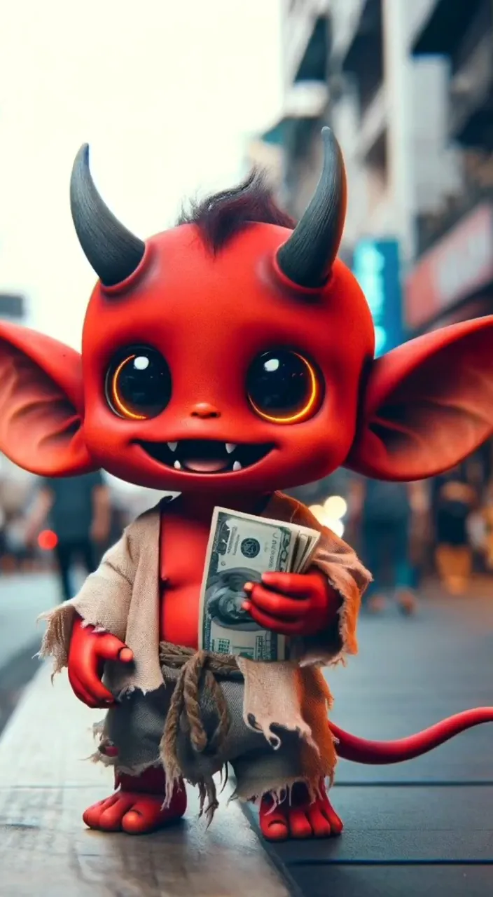 a red devil doll holding a bundle of money