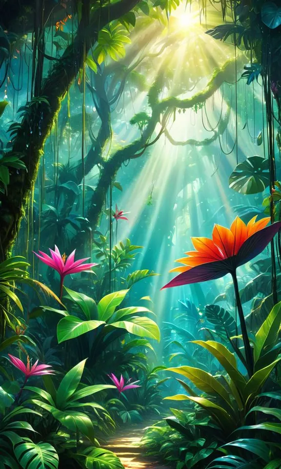 a painting of a jungle scene with flowers and sunbeams