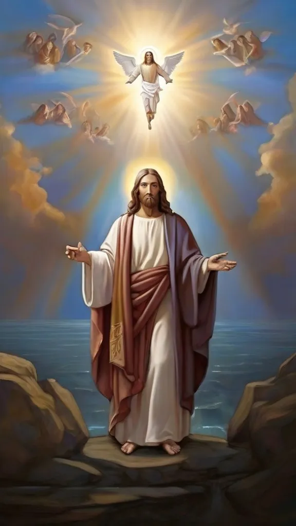 a painting of jesus standing in front of the ocean