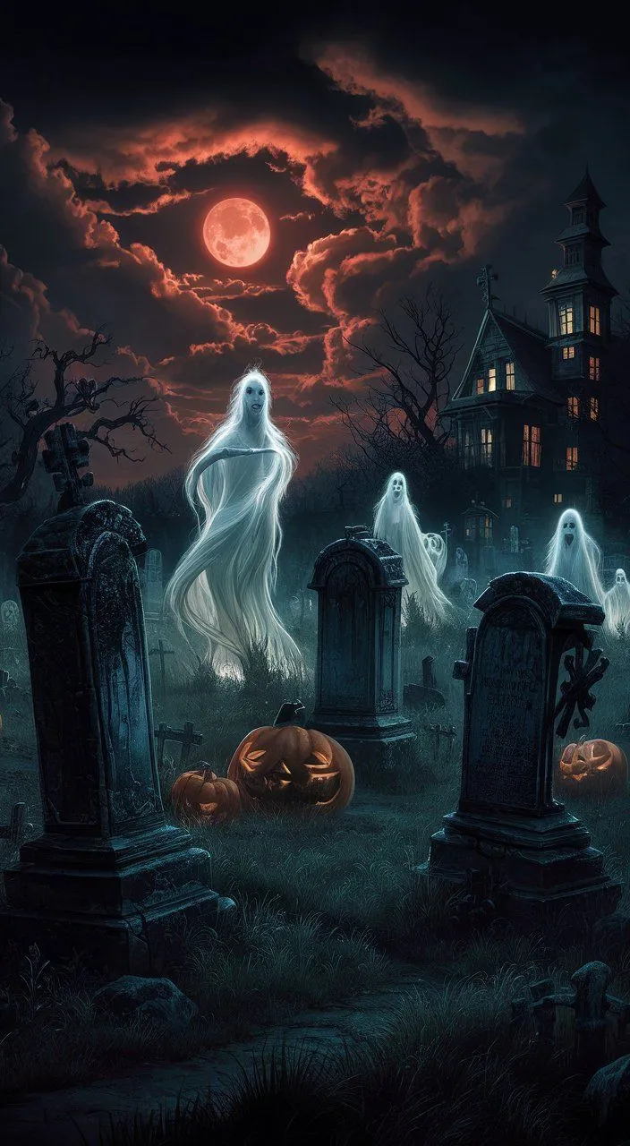 a halloween scene with ghost and tombstones