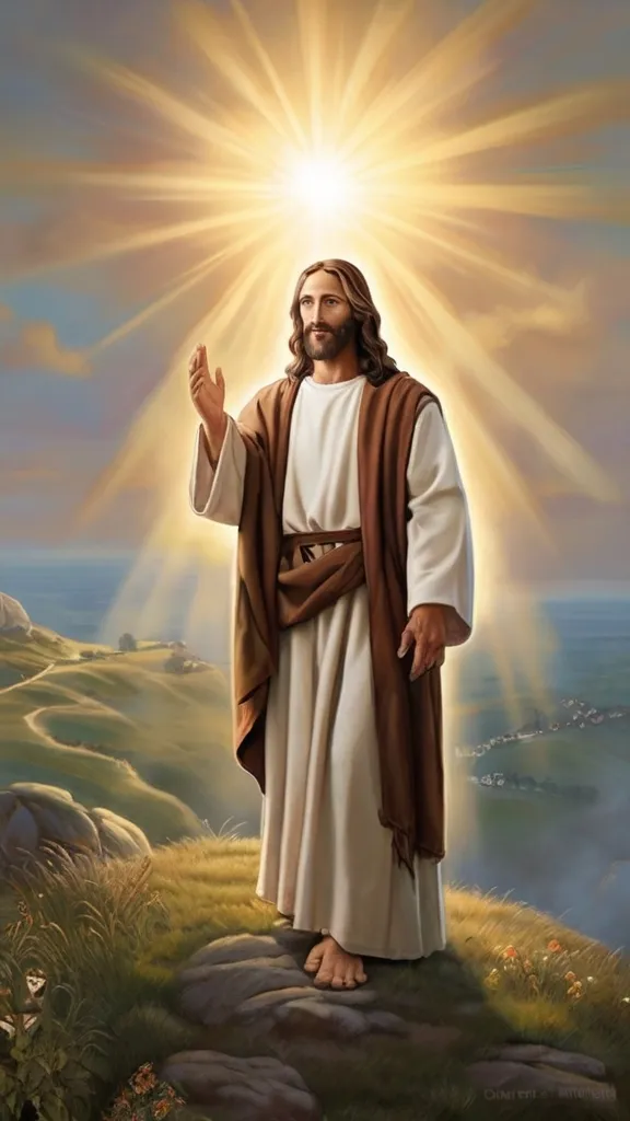 a painting of jesus standing on a hill