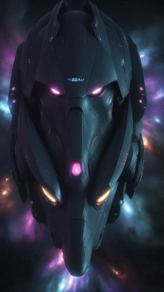 a futuristic helmet with glowing eyes in the space