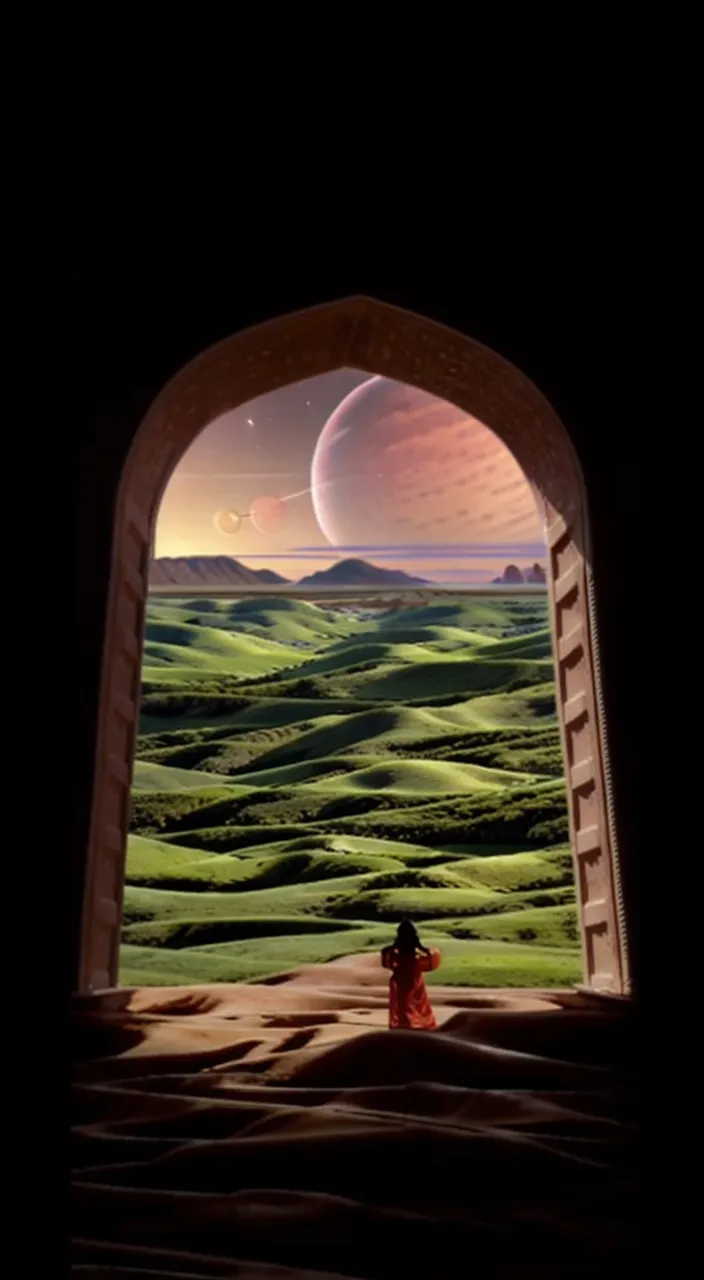 a person sitting in a doorway looking at a landscape, showing extraterrestrial aerospace jets flying, and blowing