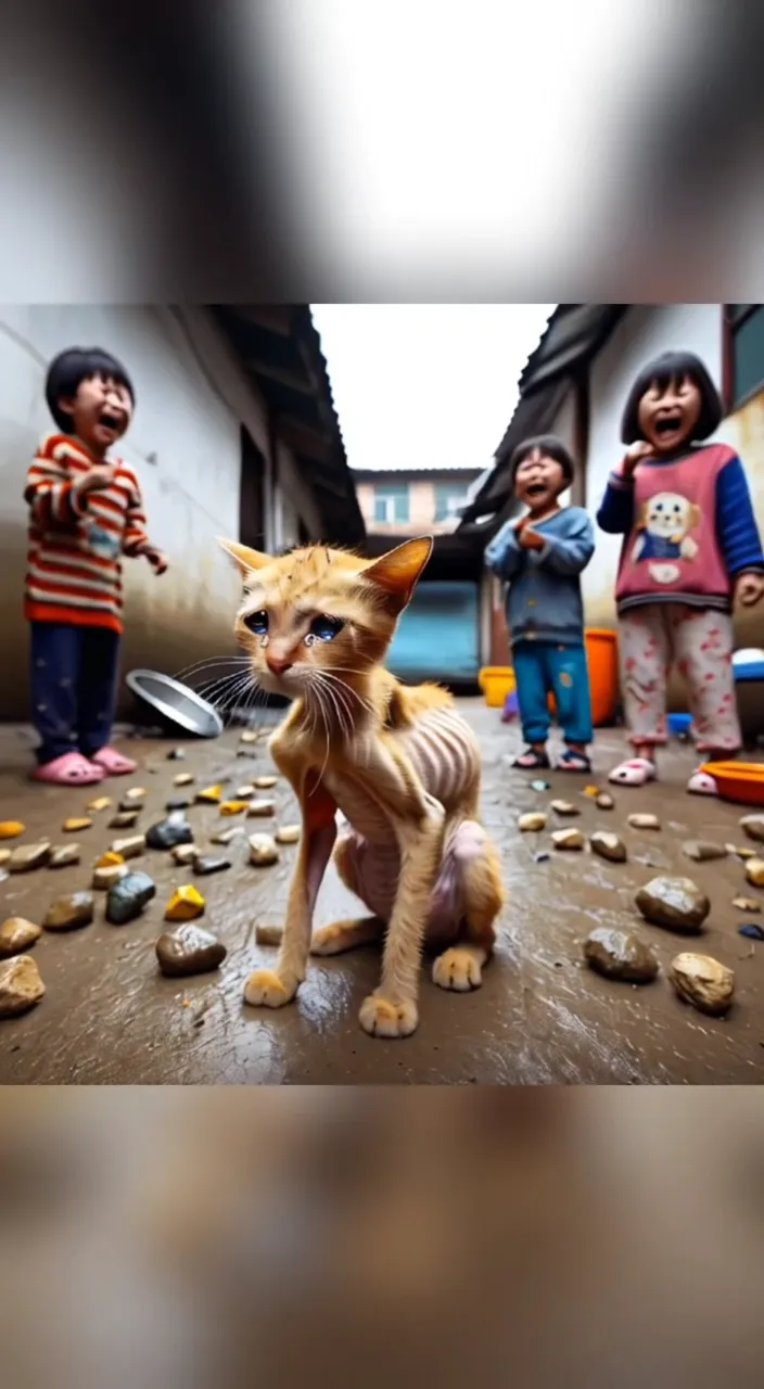 a group of children standing around a cat