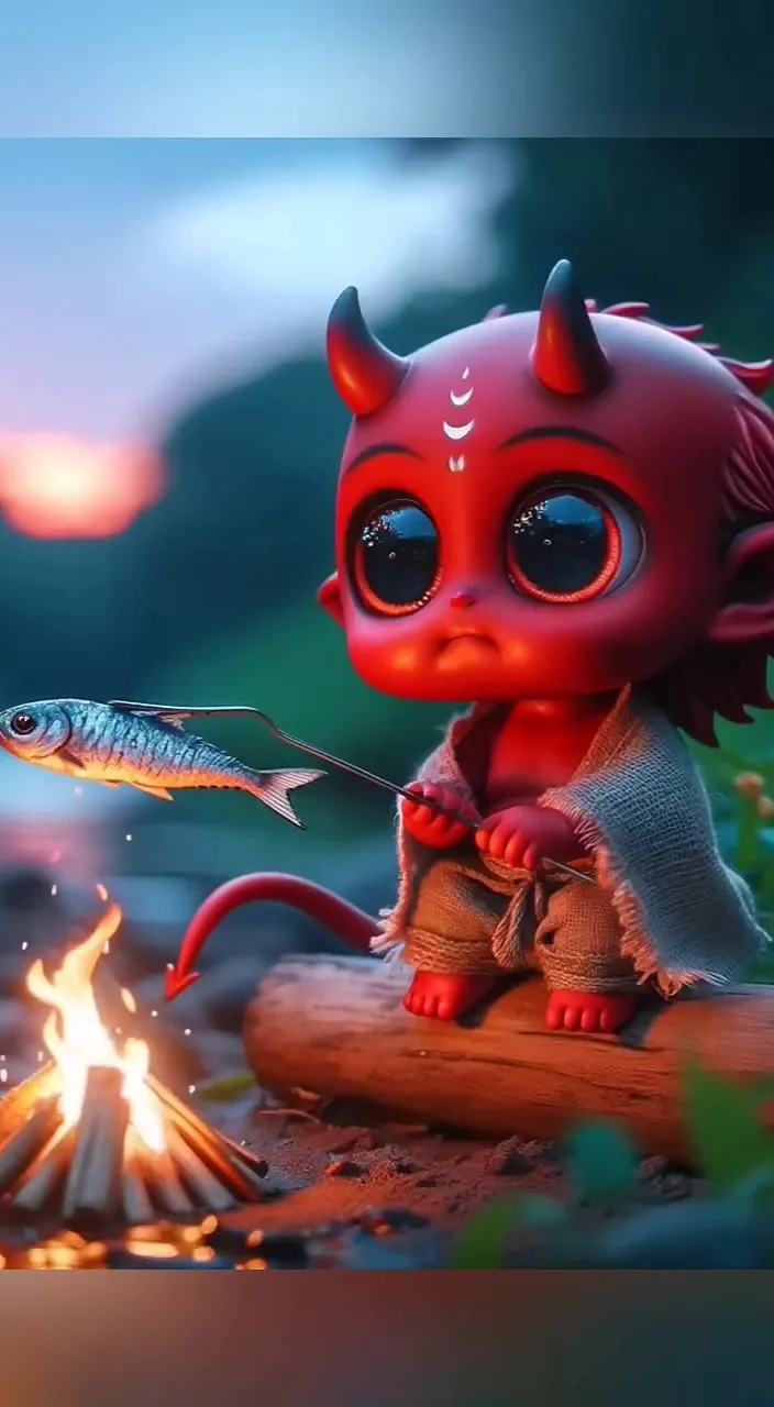 a little red demon sitting on a log next to a fire