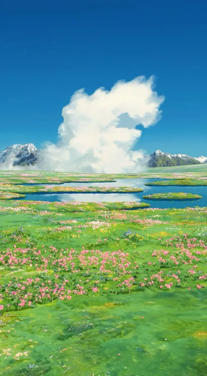 a painting of a greemn field with flowers and mountains in the background make the clouds in the backgroung move upward like clouds move in real life and all the flowers on the field make the move along the breeze 