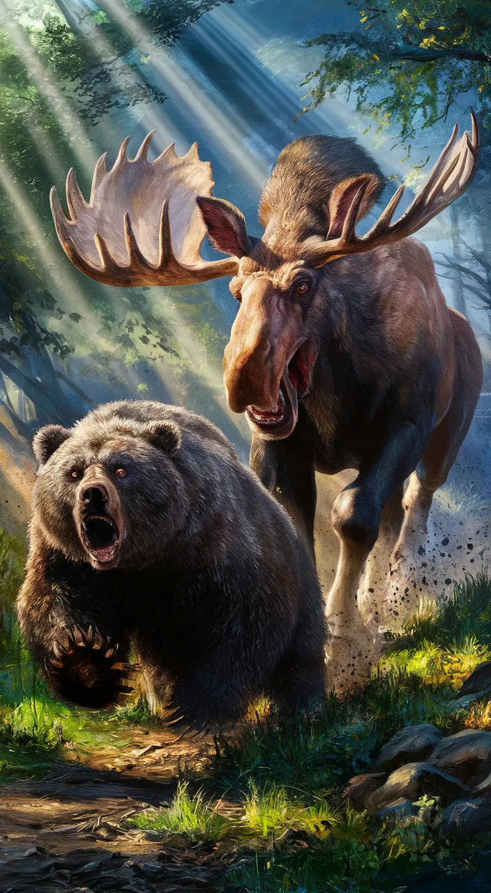 a painting of a moose and a bear in the woods