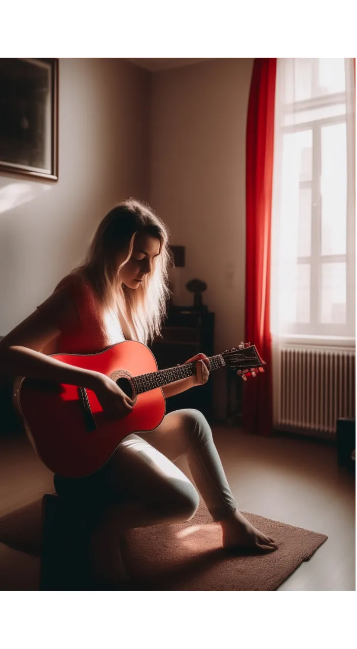 a woman sitting on a rug playing a guitar