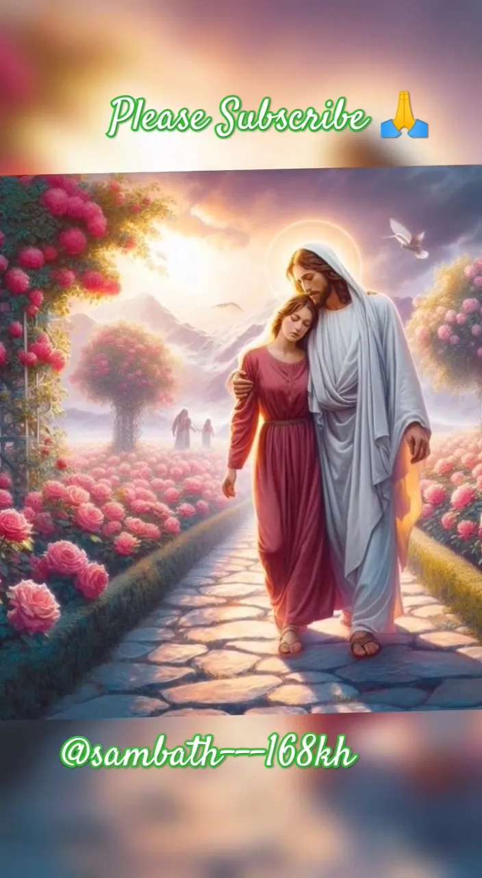 a painting of a man and woman walking down a path