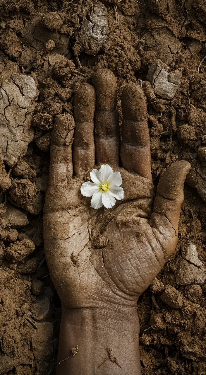 a person's hand holding a white flower in dirt