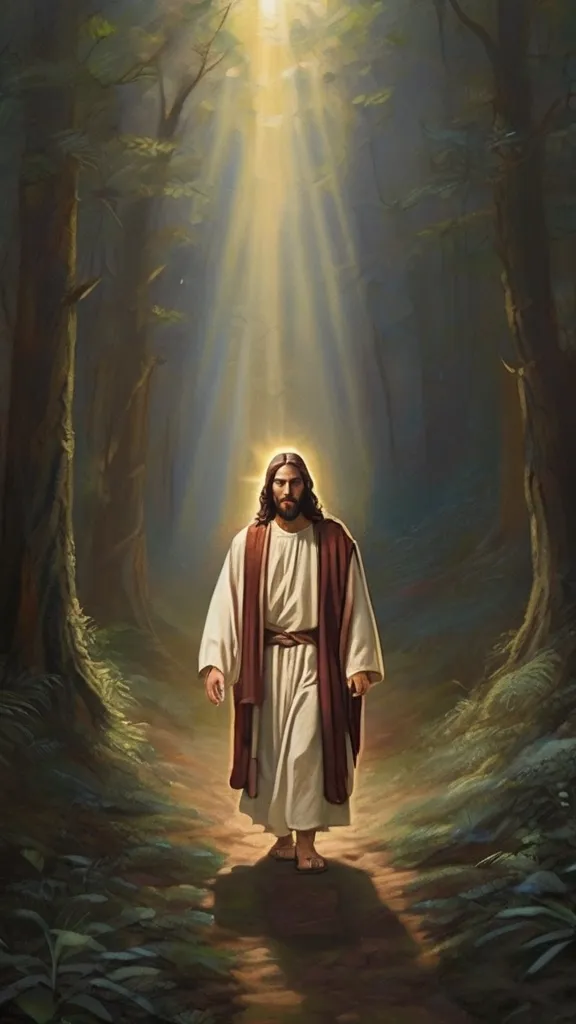 a painting of jesus walking through a forest