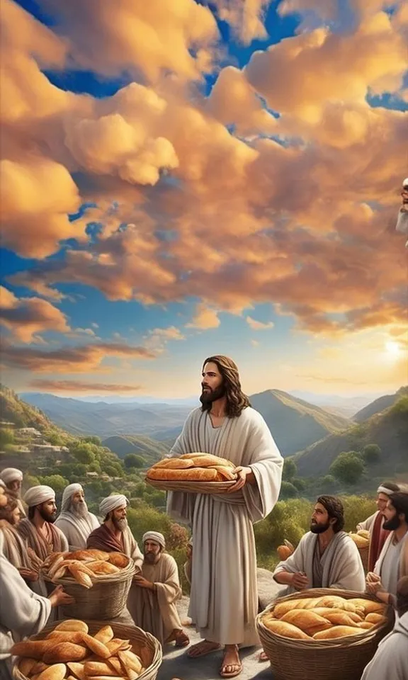 a painting of jesus holding bread in front of a group of people