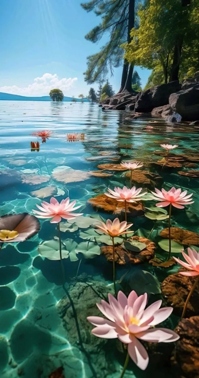 a body of water filled with lots of pink flowers