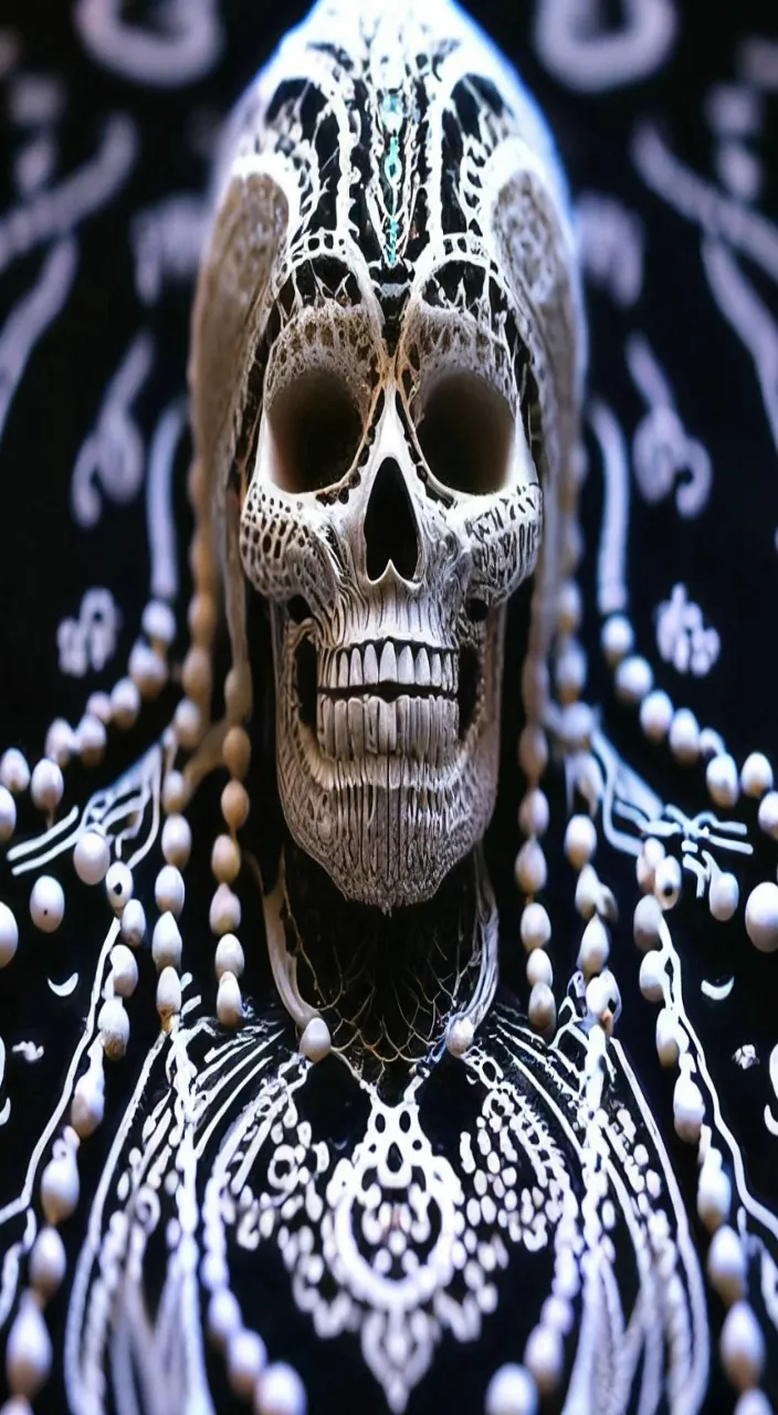 a human skull with beads around it's neck