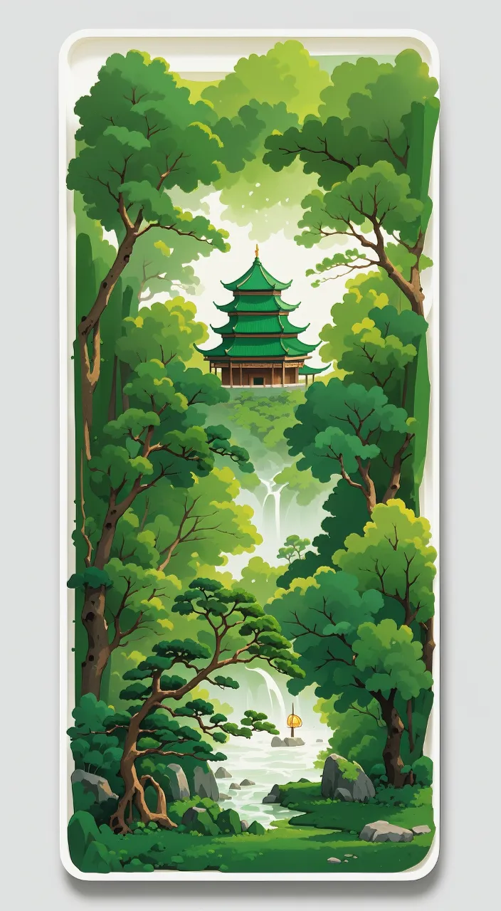 a painting of a pagoda in the middle of a forest