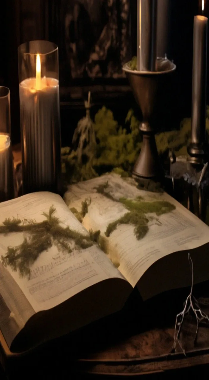 an open book sitting on top of a table next to candles