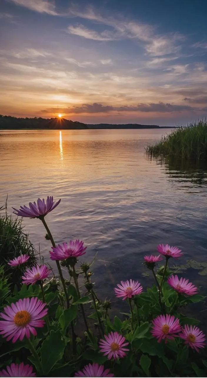 the sun is setting over a lake with flowers in the foreground